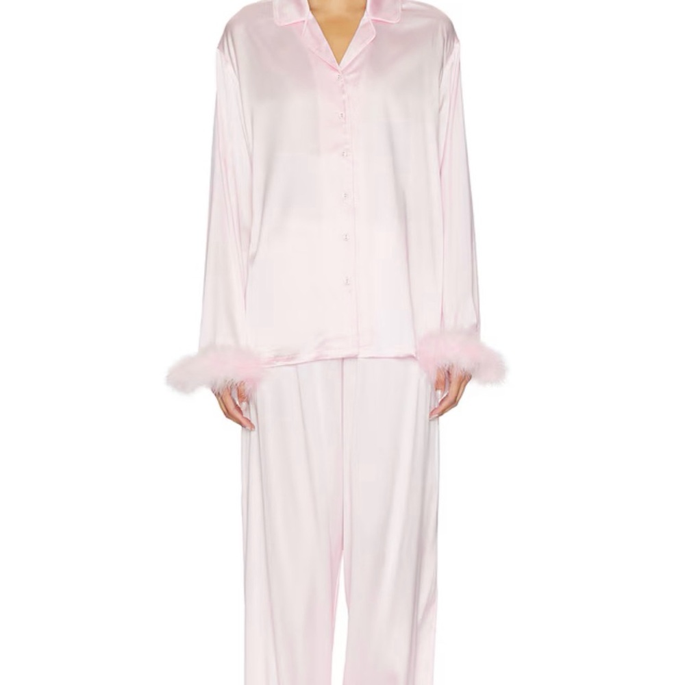 SKIMS Satin Pajama Set with Feather Cuffs - Cherry Blossom